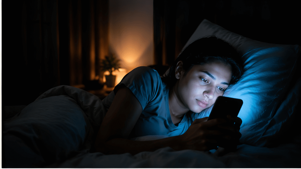 A person using a smartphone in a dark bedroom, with blue light causing digital brain fatigue.