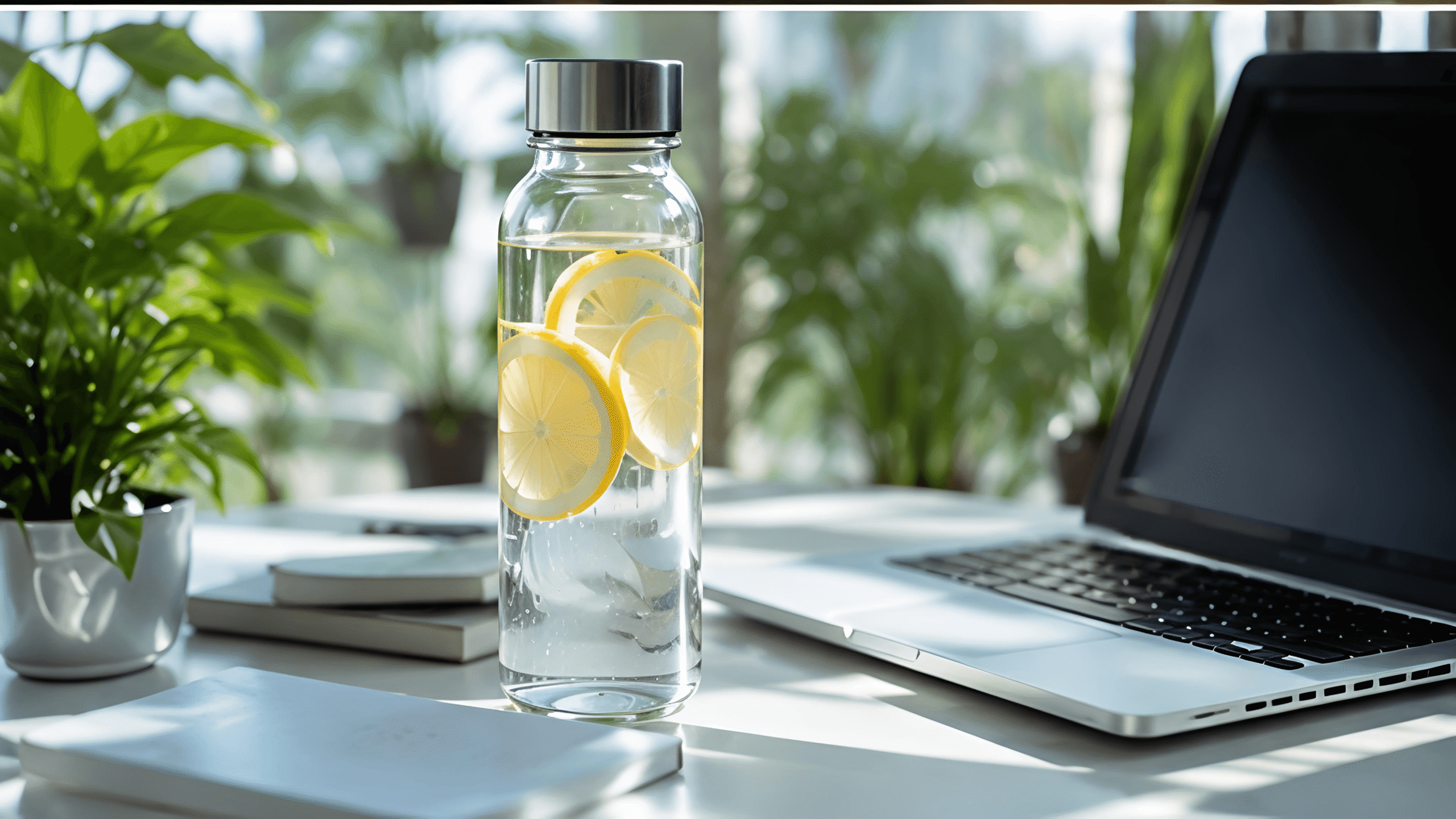 A refreshing glass bottle of lemon water on a clean office desk to prevent mild dehydration.