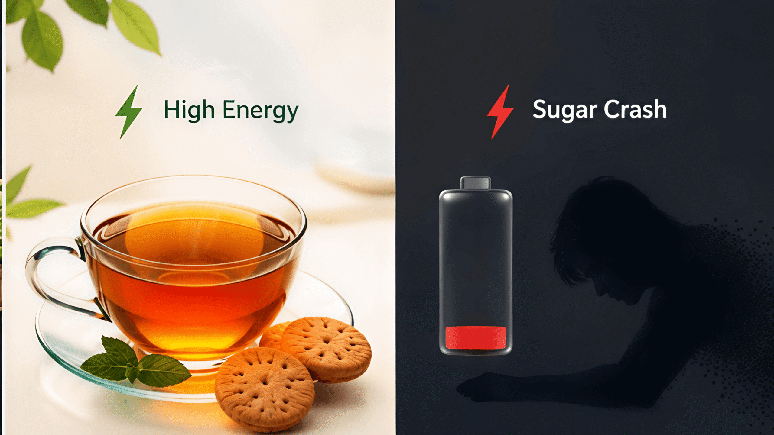 An infographic illustrating a blood sugar spike and subsequent sugar crash causing tiredness.