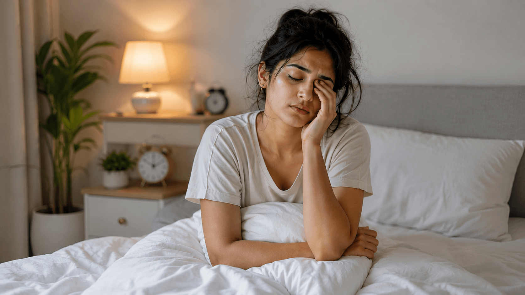 Common Signs of Morning Energy Drain A tired Indian woman on bed experiencing morning exhaustion and brain fog.