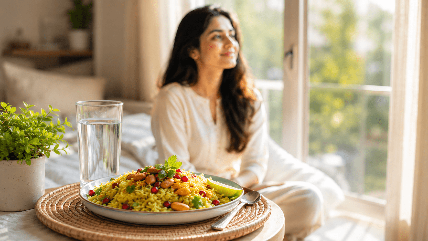 Best Breakfast Choices for High Daily Energy A colorful plate of healthy Indian breakfast poha with a glass of water on a sunlit table.