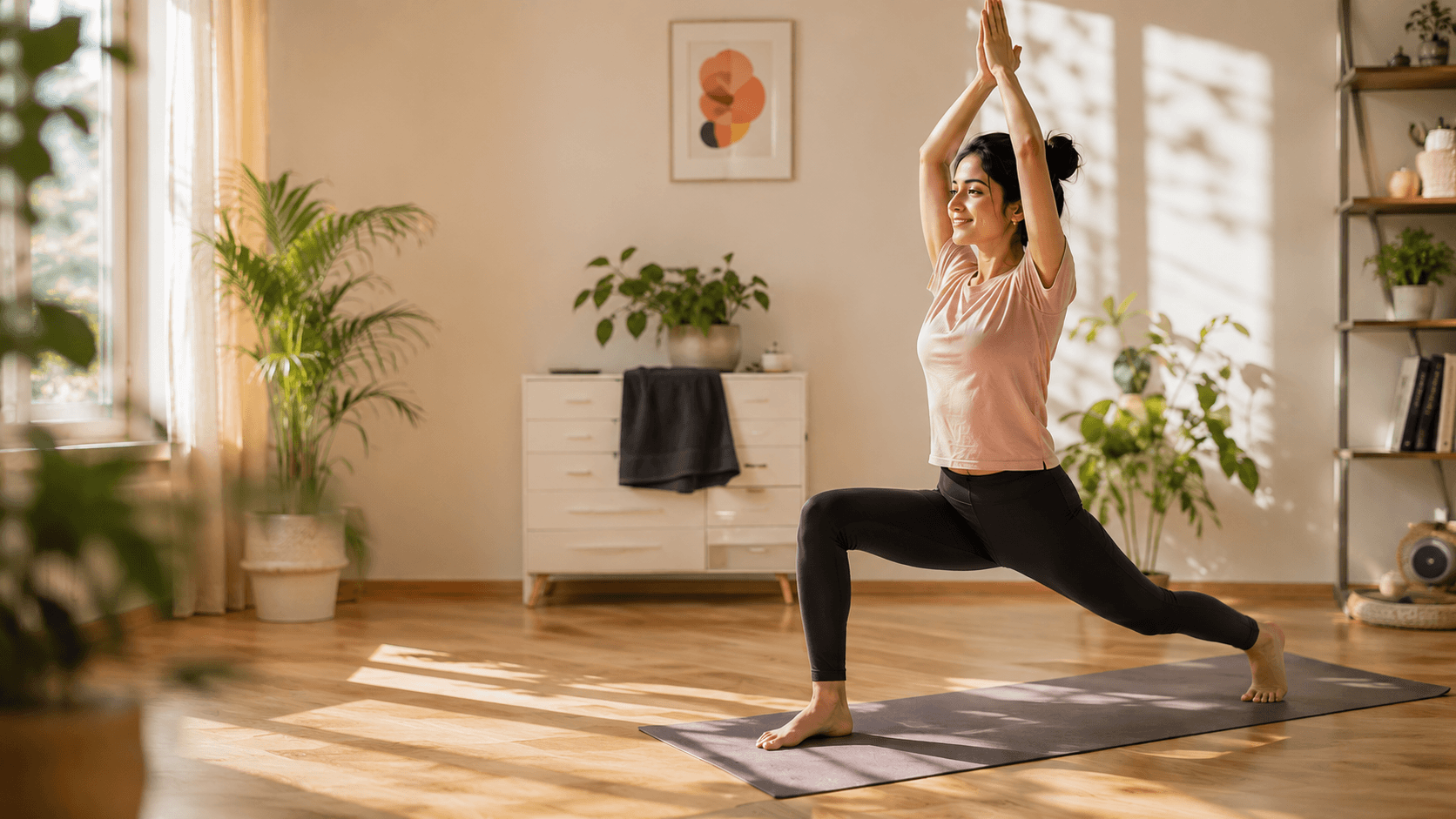 Quick Morning Physical Activity for Fitness A fit Indian woman practicing morning yoga stretches and Surya Namaskar in a bright living room.