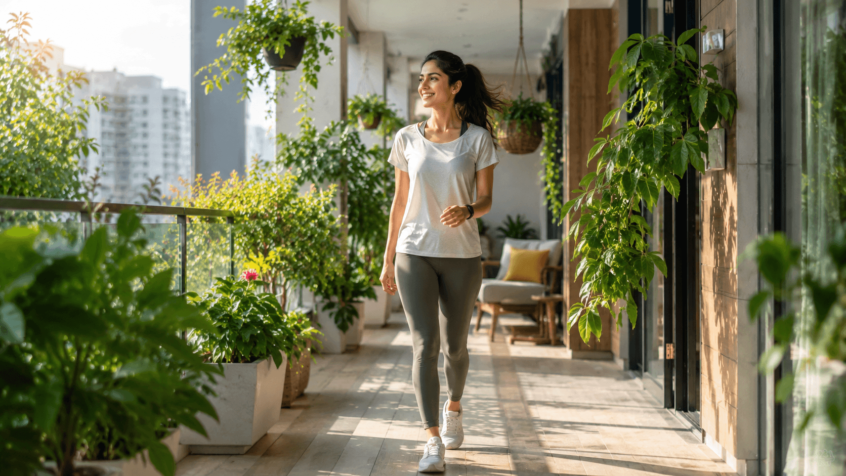 A happy young woman doing a short walk or shatpavali in her bright apartment gallery.