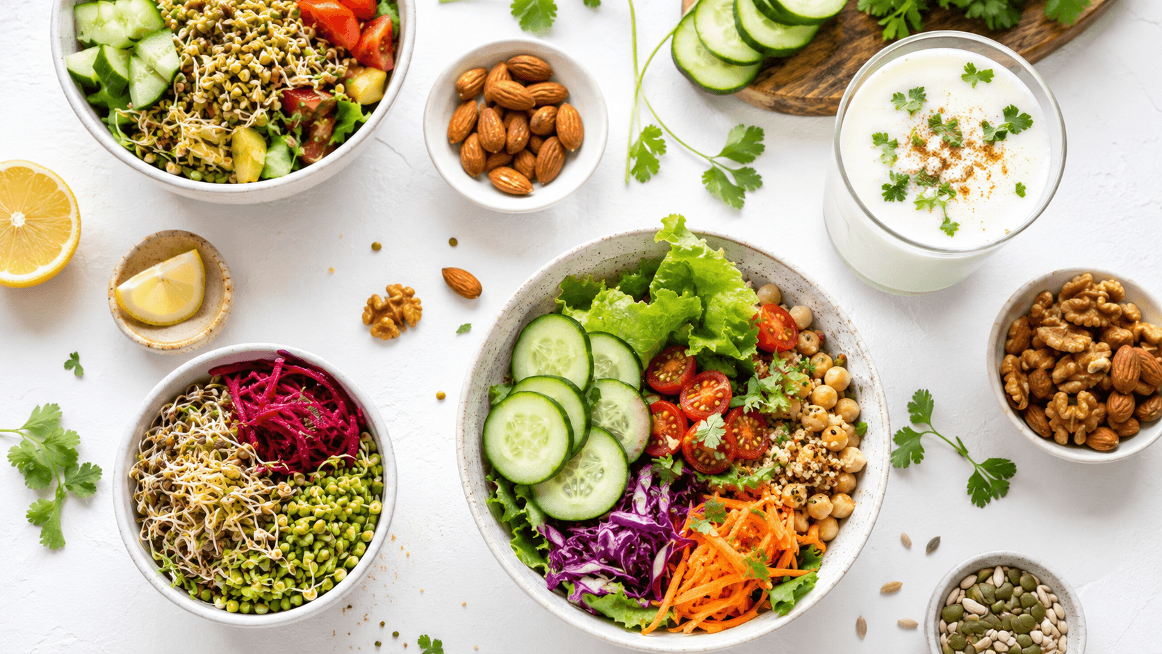 Fresh high-protein foods, green salads, nuts, and buttermilk for high energy.