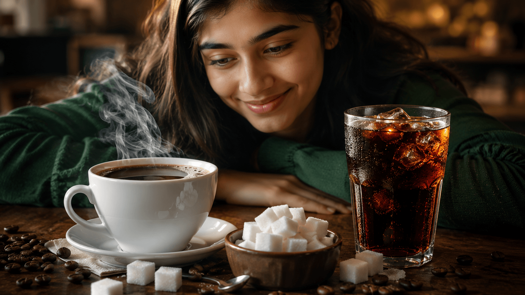 Caffeine and Sugar Drink Dehydration Trap A cup of coffee and a cold drink with sugar cubes showing the caffeine trap.