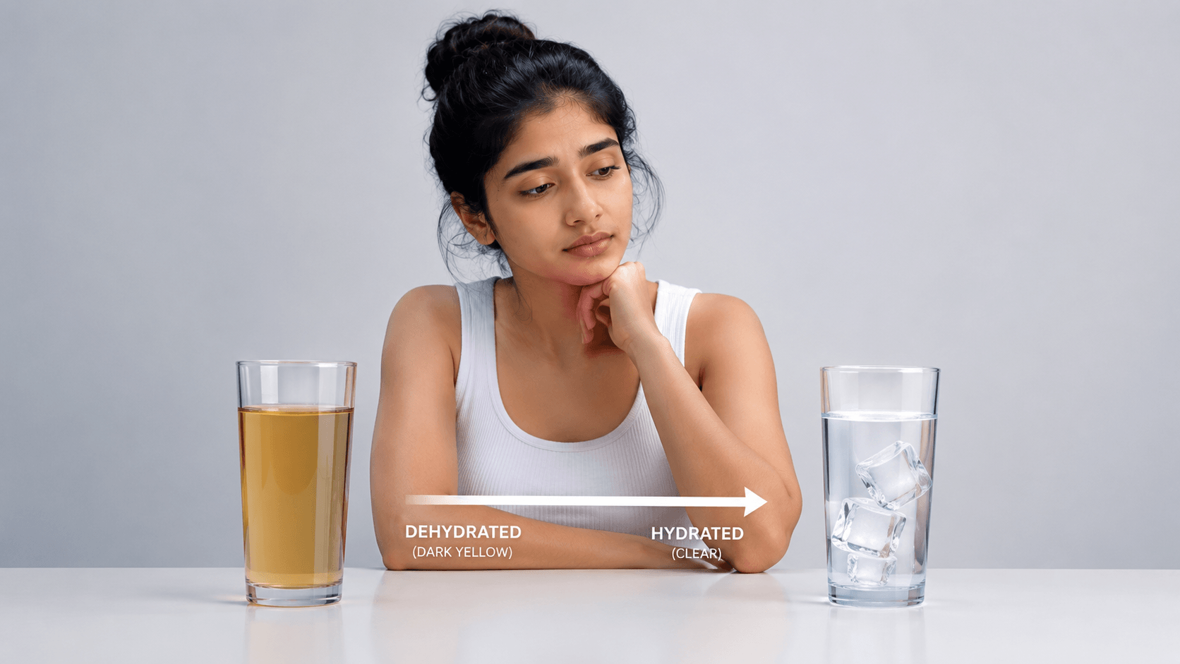 Urine Color Chart for Hydration Levels Comparison between dark yellow and clear water representing hydration levels.