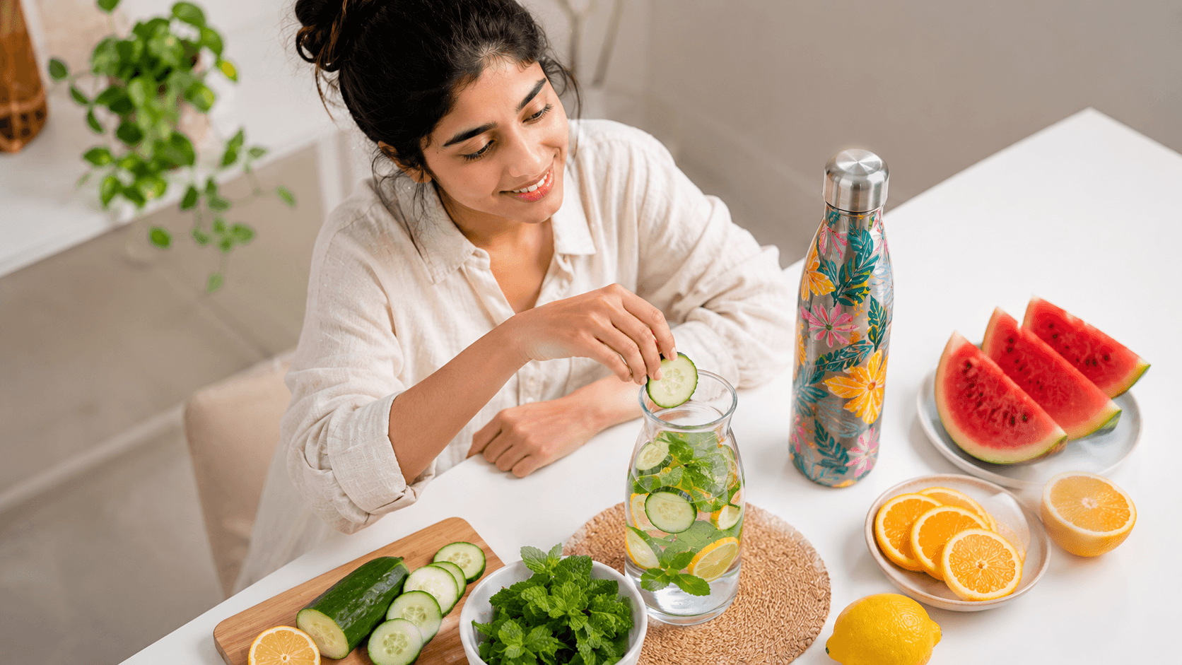 Healthy Hydration Alternatives and Electrolytes Fresh water-rich fruits like watermelon, cucumber, and a water bottle for healthy hydration.