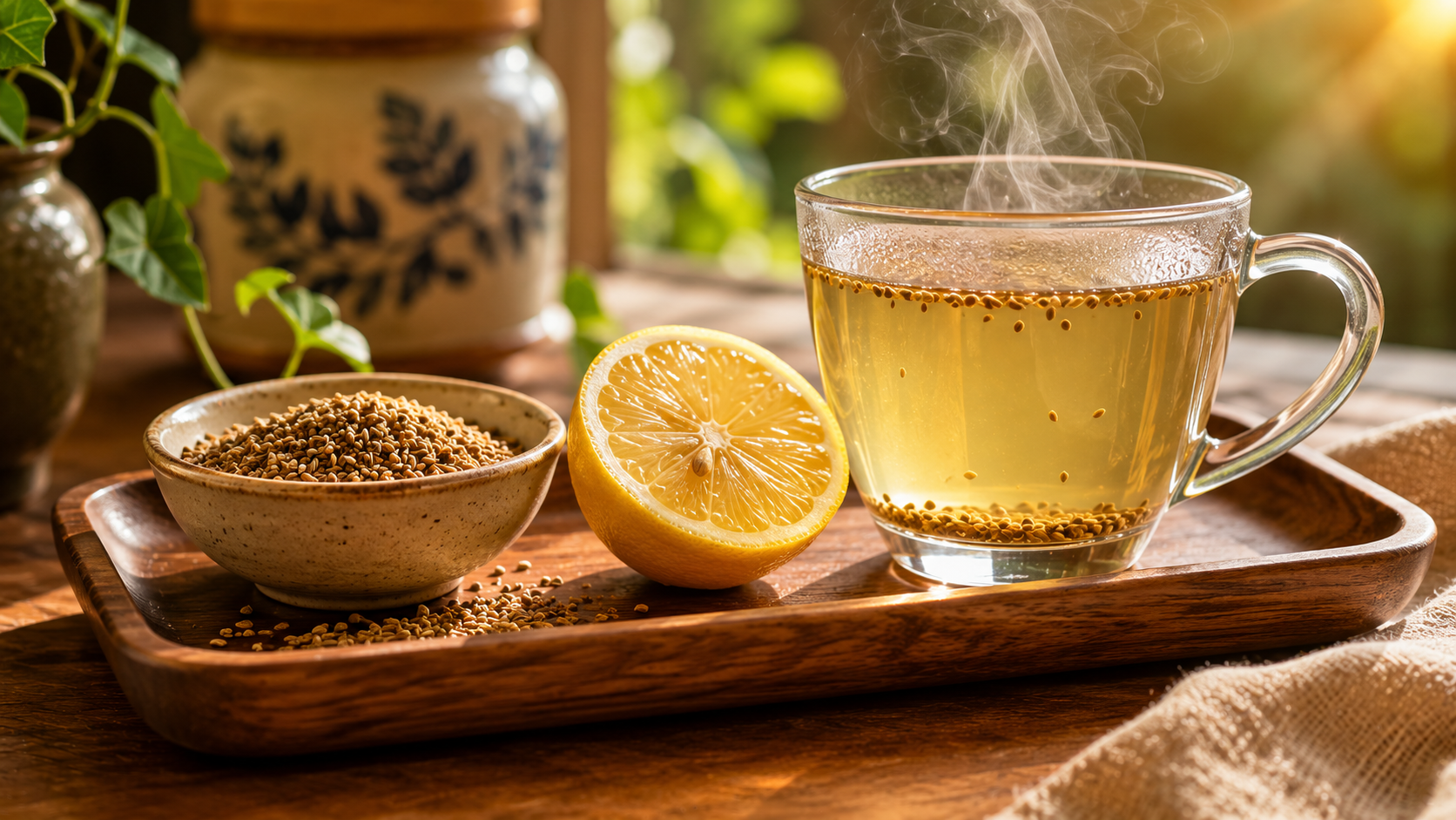 natural-home-remedies-for-trapped-gas-in-stomach A clean wooden tray with carom seeds, a fresh half-cut lemon, and a warm cup of hot water for instant bloating relief.