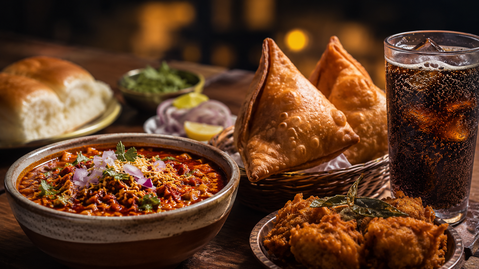 foods-causing-stomach-tightness-and-bloating Spicy Indian foods like misal pav, samosas, and a fizzy carbonated soda drink causing bloating and gas.