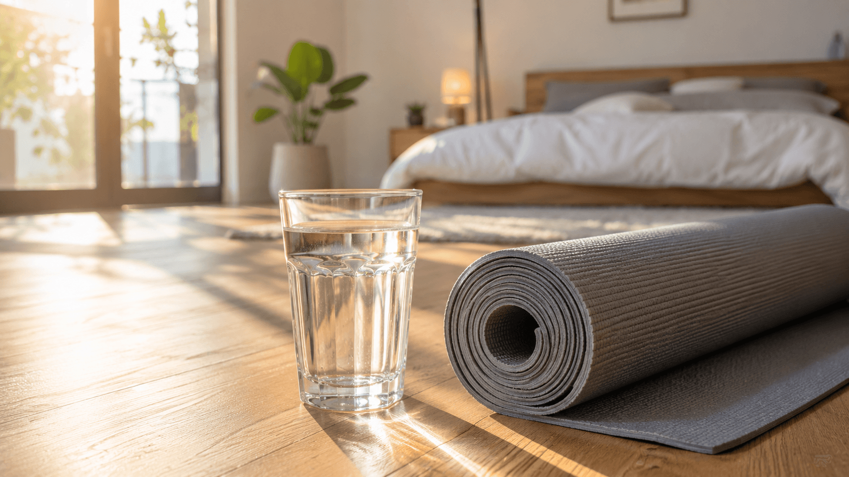 Simple and Natural Tips to Improve Stomach System Daily A clear glass of water next to a yoga mat in a sunlit room, symbolizing natural ways to improve gut health.