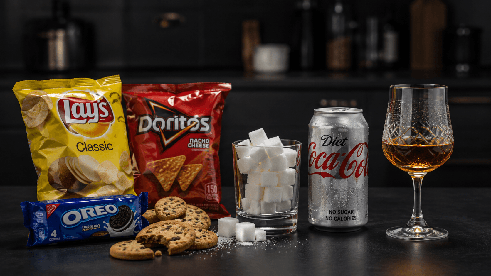 Harmful Foods That Cause Stomach Bloating and Acidity Packaged processed foods, excess white sugar, and a diet soda can on a counter representing foods that harm gut health.