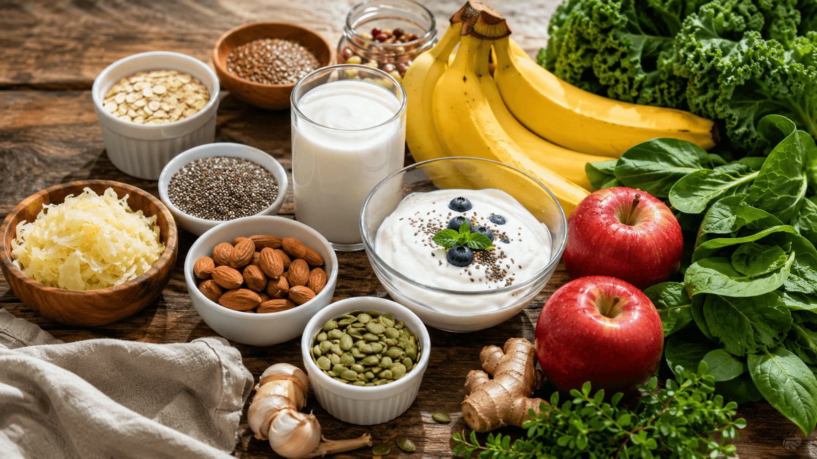 10 Best Foods for Gut Health and Strong Digestion A combined top-down view of gut-friendly superfoods like yogurt, kefir, bananas, and leafy greens.