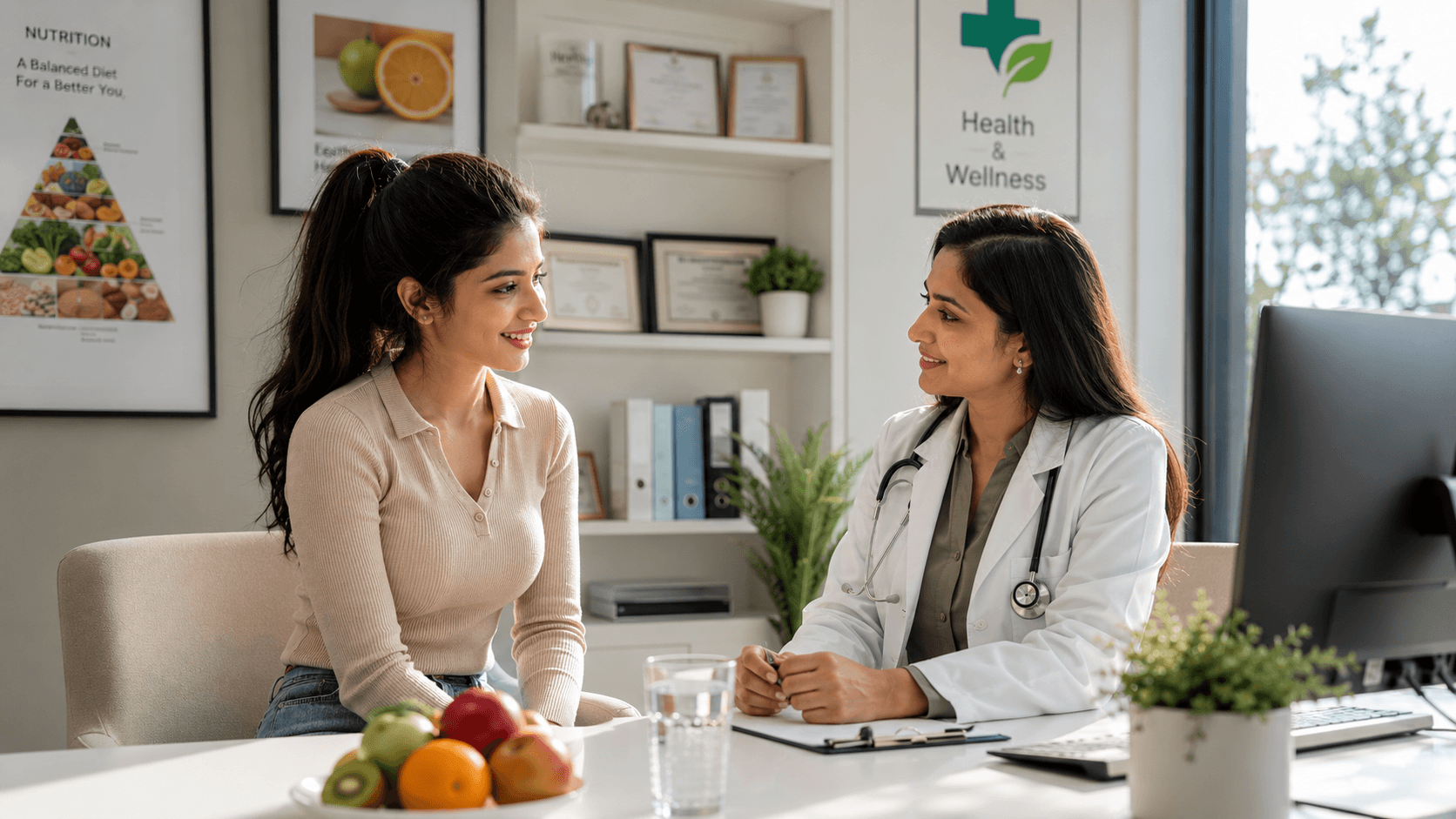 A 22-year-old girl talking to a professional female doctor in a clinic about health concerns.