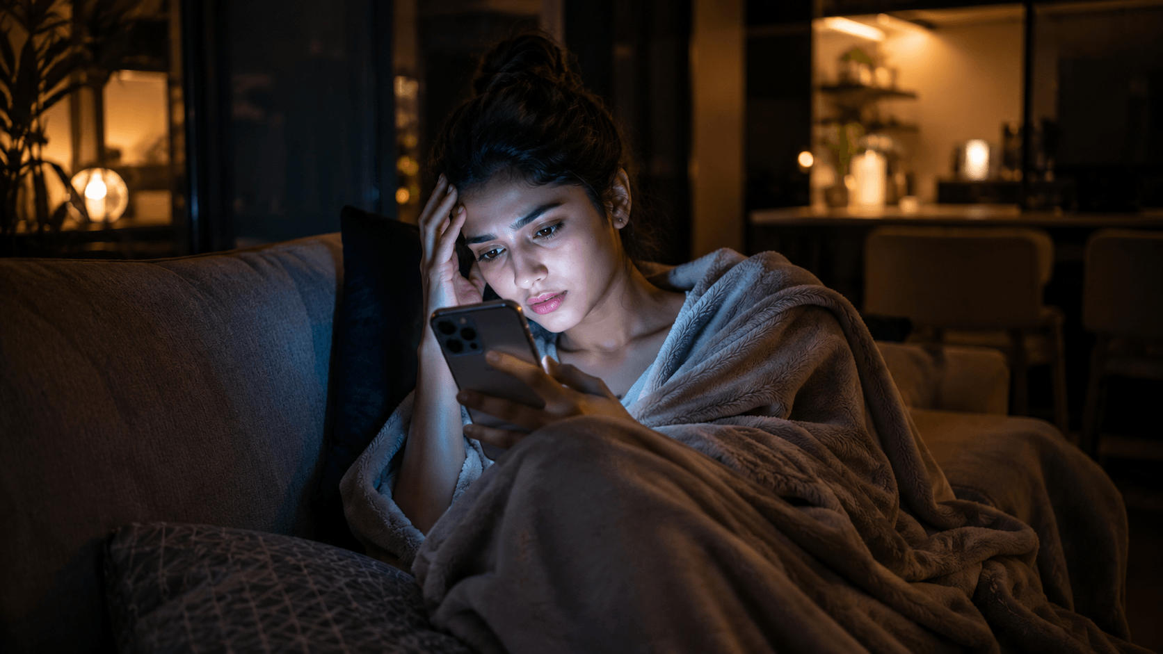 A stressed 22-year-old girl scrolling on her phone at night, triggering sugar cravings.