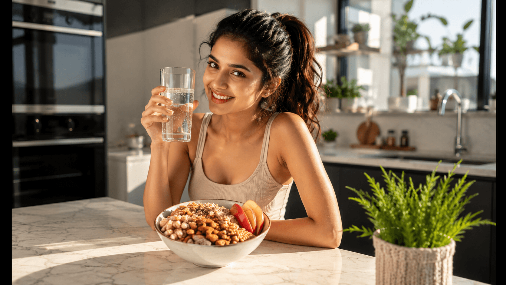 A happy 22-year-old girl holding a glass of water next to a bowl of healthy snacks.