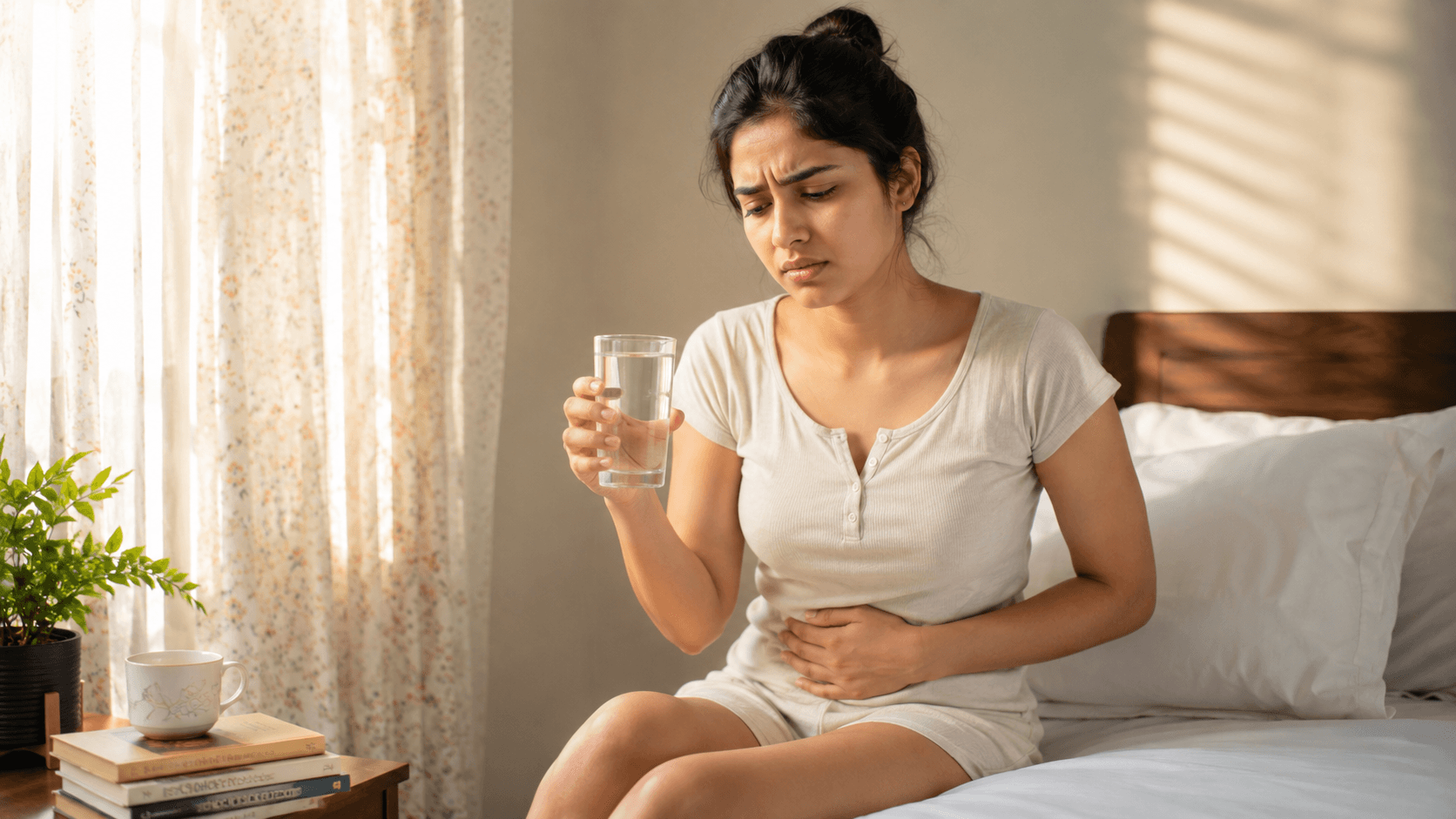 How to Relieve Constipation and Stomach Bloating Naturally beautiful young girl holding warm water in morning feeling bloating and constipation trouble