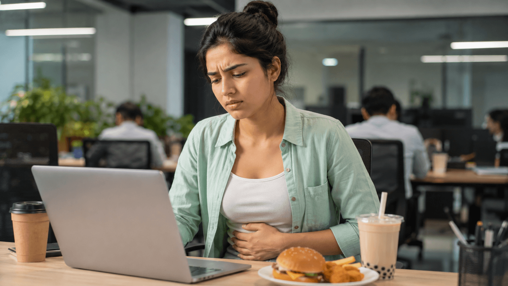 Hidden Habits and Foods That Cause Poor Digestion young woman working on desk with tea and unhealthy food causing poor digestion