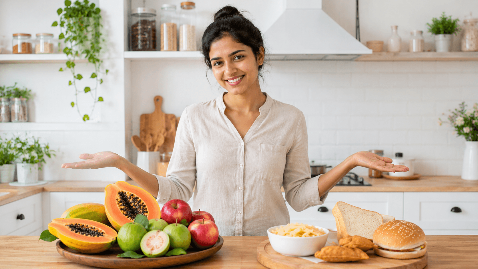 Best High Fiber Fruits to Clear Stomach Permanently happy healthy girl showing fiber rich fruits like papaya and guavas for clean stomach