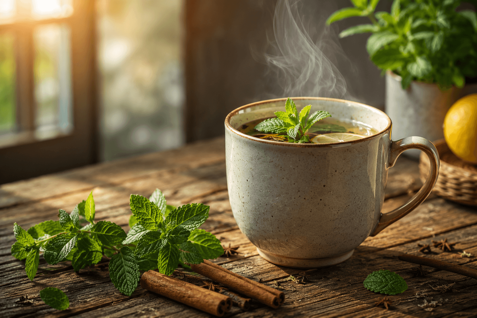 Start your day with a refreshing herbal detox tea for better digestion. Steaming cup of healthy herbal detox tea on a wooden table.