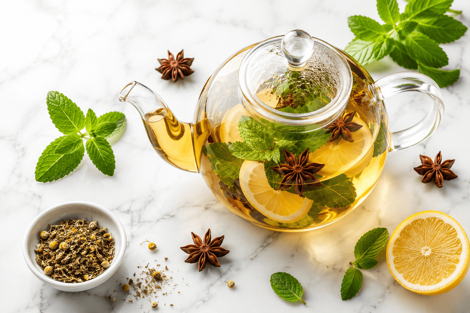 Understanding the power of natural herbal detox tea. Glass teapot with natural herbal detox tea infusion.