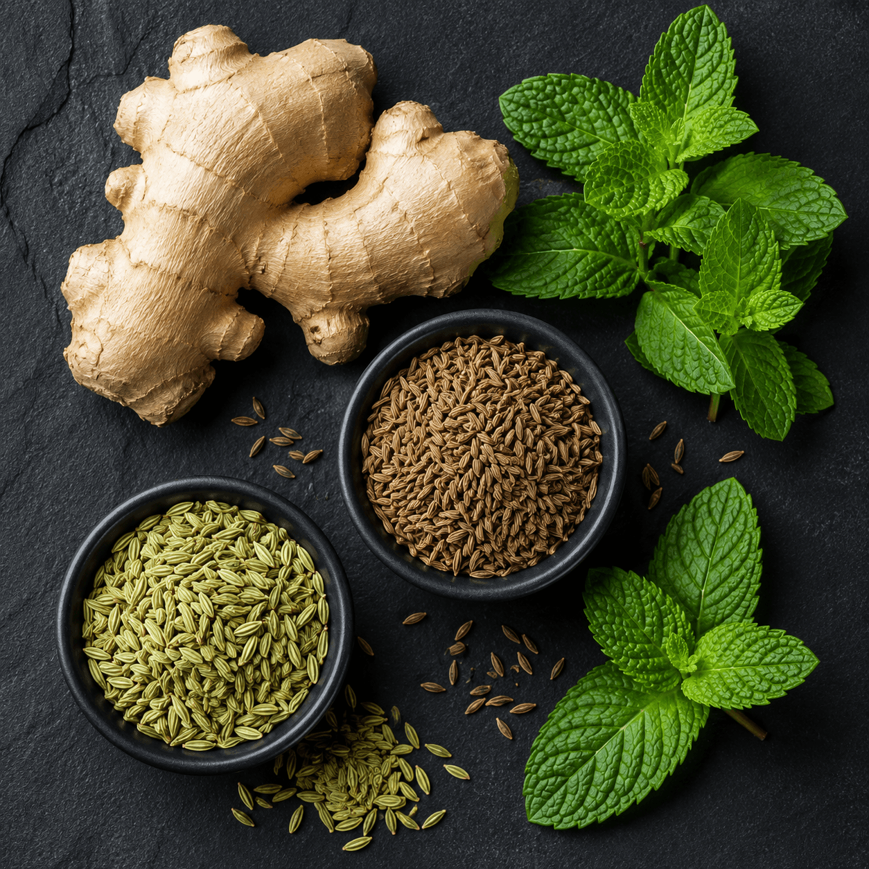 The essential ingredients for your homemade herbal detox tea. Fresh ingredients like ginger, cumin, fennel, and mint for detox tea.