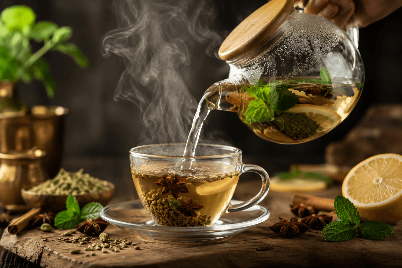 Step-by-step guide to preparing your herbal detox tea at home. Preparing homemade herbal detox tea by pouring hot water.