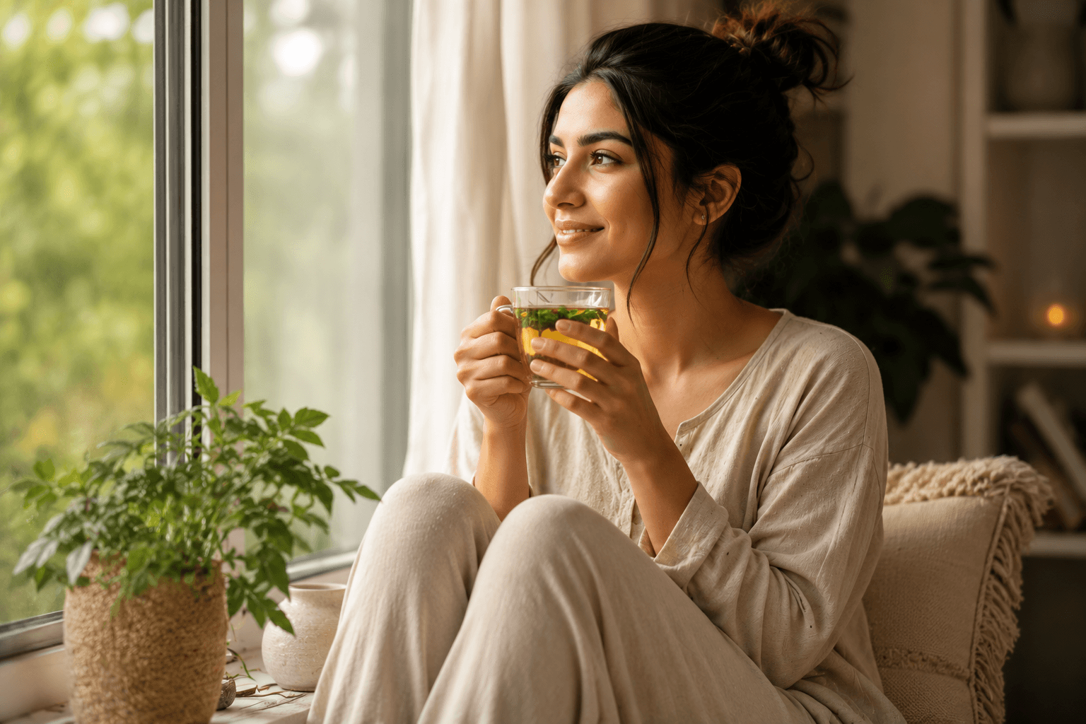 Feel the difference: How herbal tea benefits your digestive health. Relaxed woman enjoying a cup of herbal detox tea.